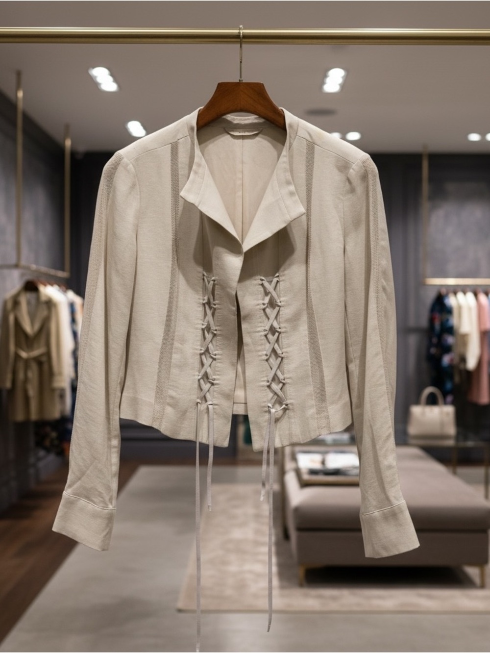 Nanette Lepore Cream Linen-Blend lace-up jacket corset front mesh panels large